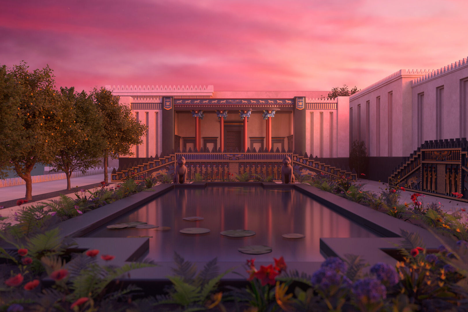 3D reconstruction of an ancient Iranian palace courtyard with Achaemenid columns, decorative reliefs, and a central water pool.