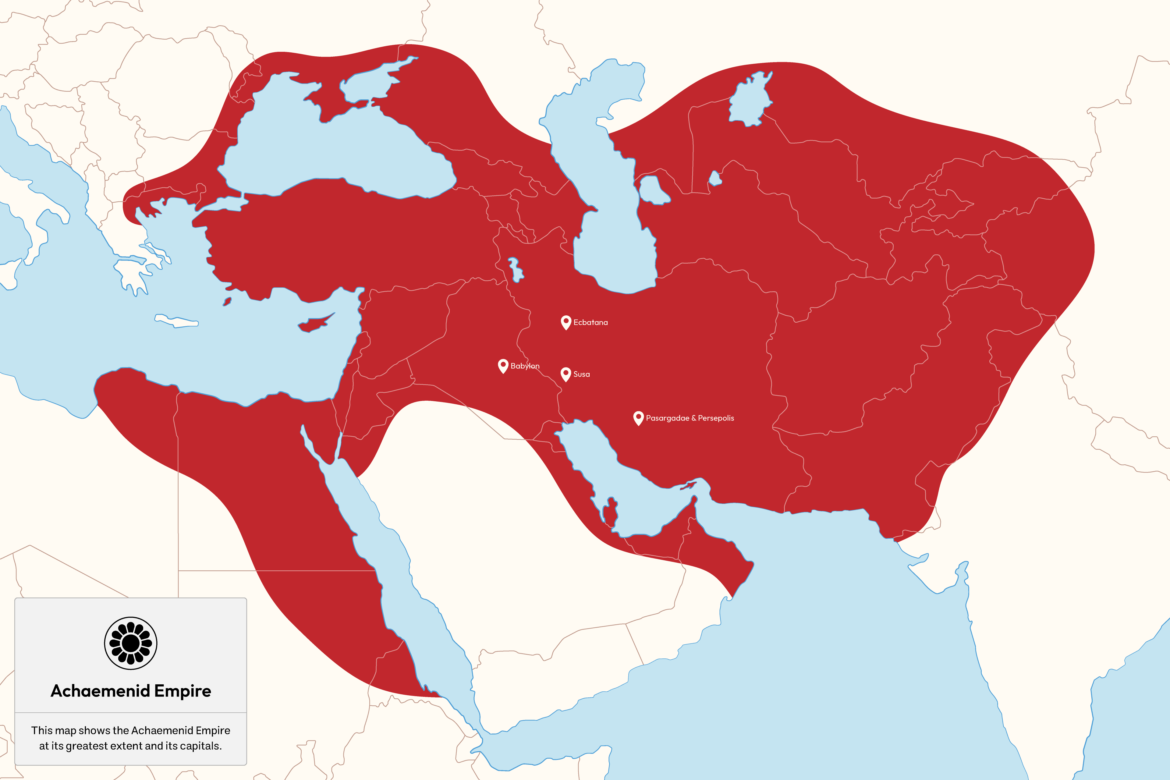 Map showing the Achaemenid Empire at its greatest extent, highlighting ancient Iran and key capitals across the Middle East.