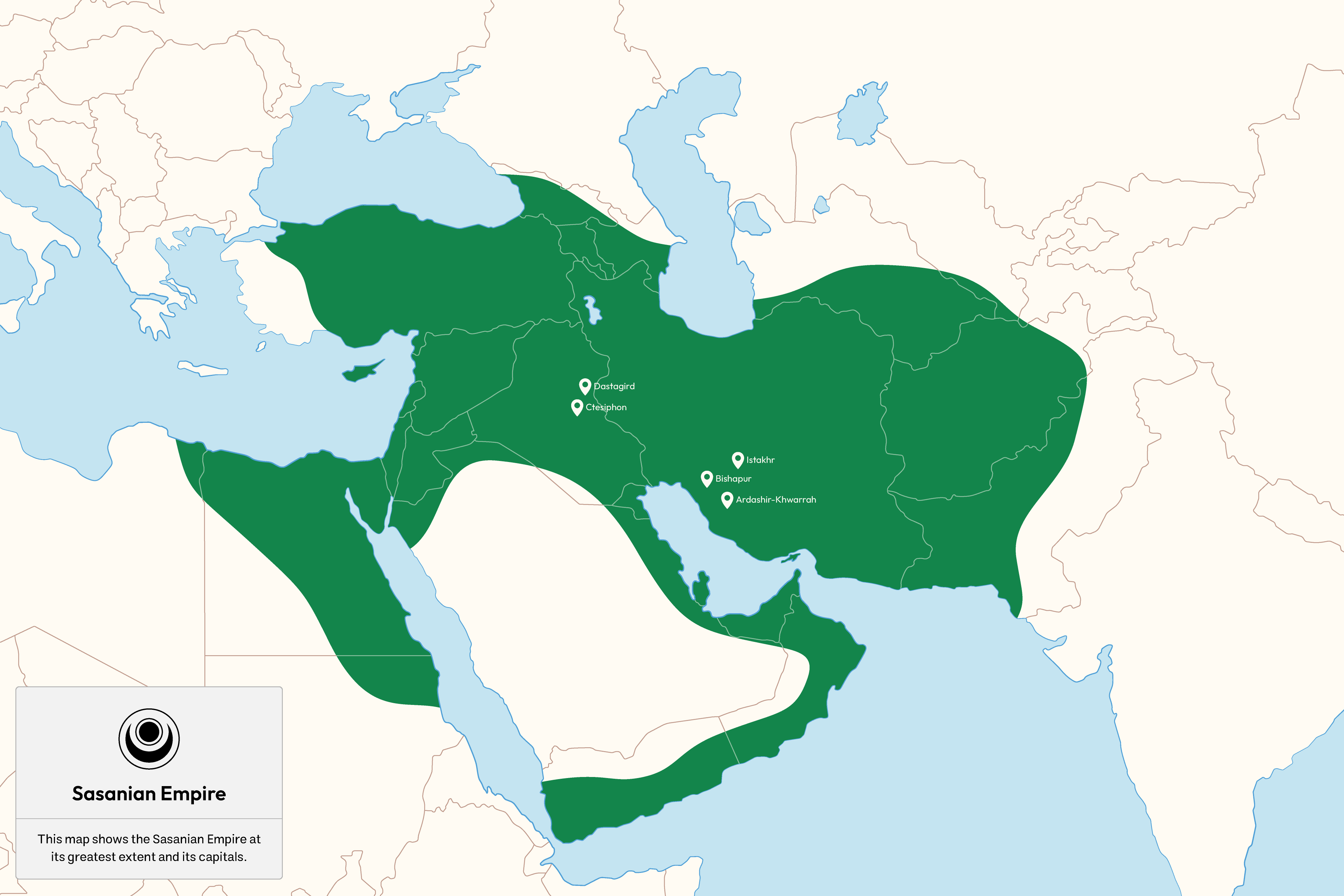 Map showing the Sasanian Empire at its greatest extent, highlighting ancient Iran and key capitals across the Middle East.