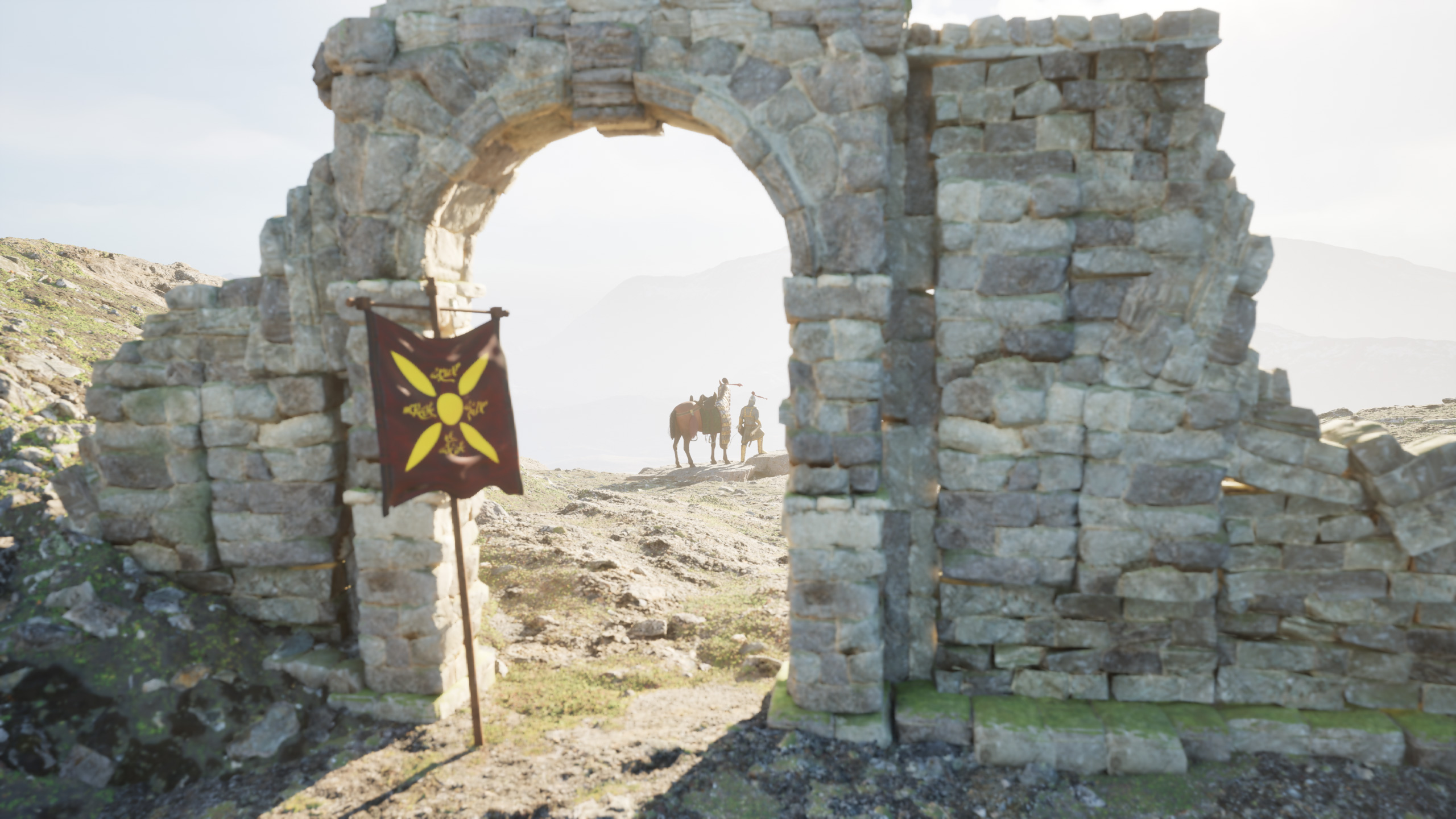 Image of an ancient Iranian stone structure with an arch, with the flag of Derafsh Kaviani leaning against it.