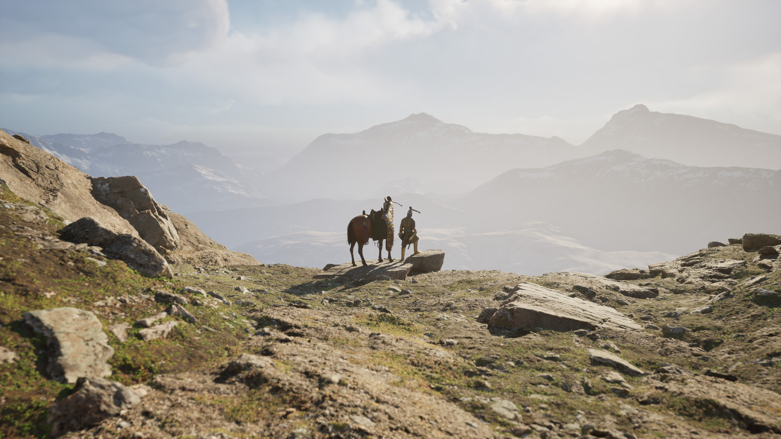 Image of an ancient Iranian cavalryman standing atop the mountain with his horse, looking at the horizon.