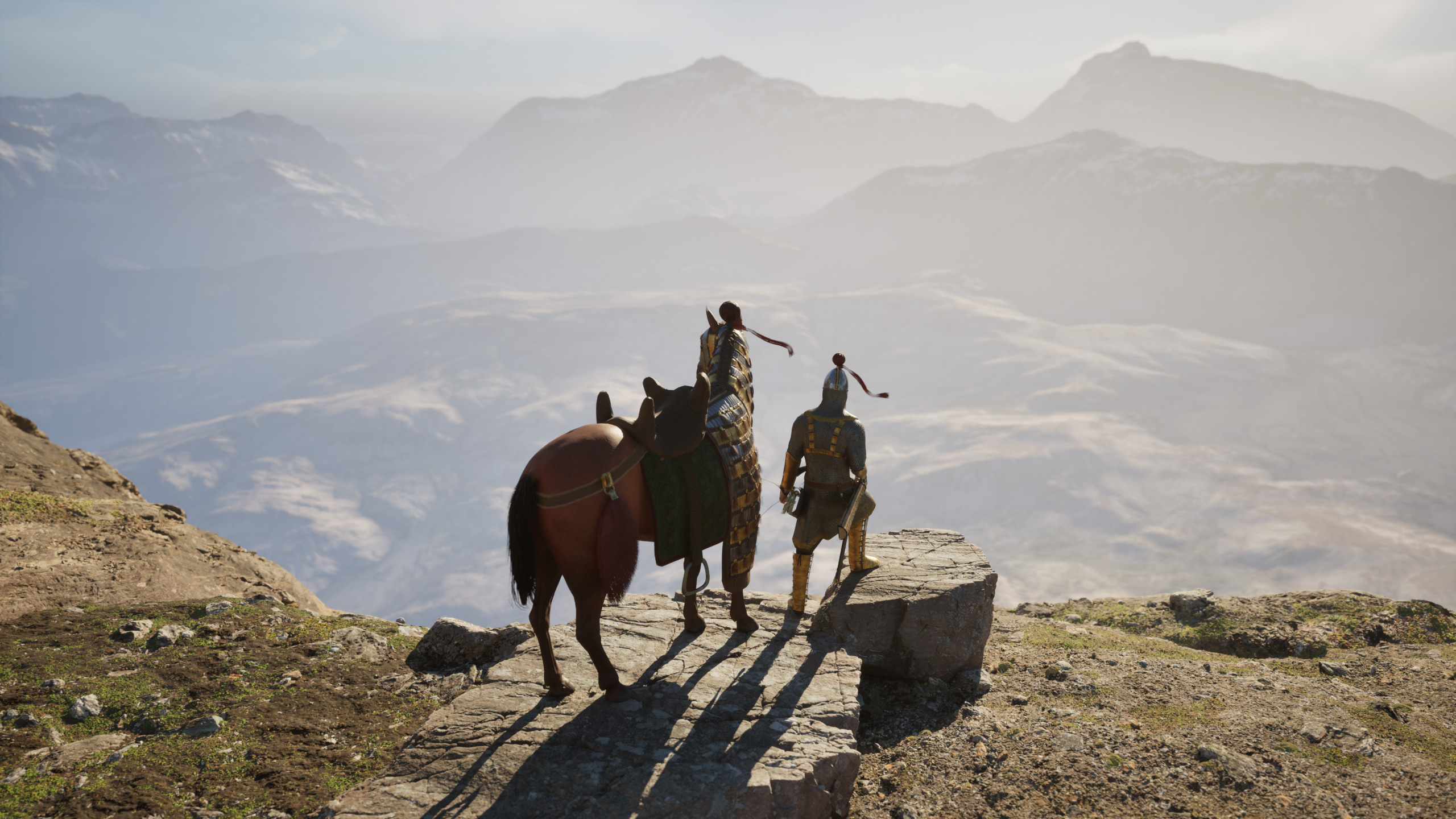 Image of an ancient Iranian cavalryman standing atop the mountain with his horse, looking at the horizon.