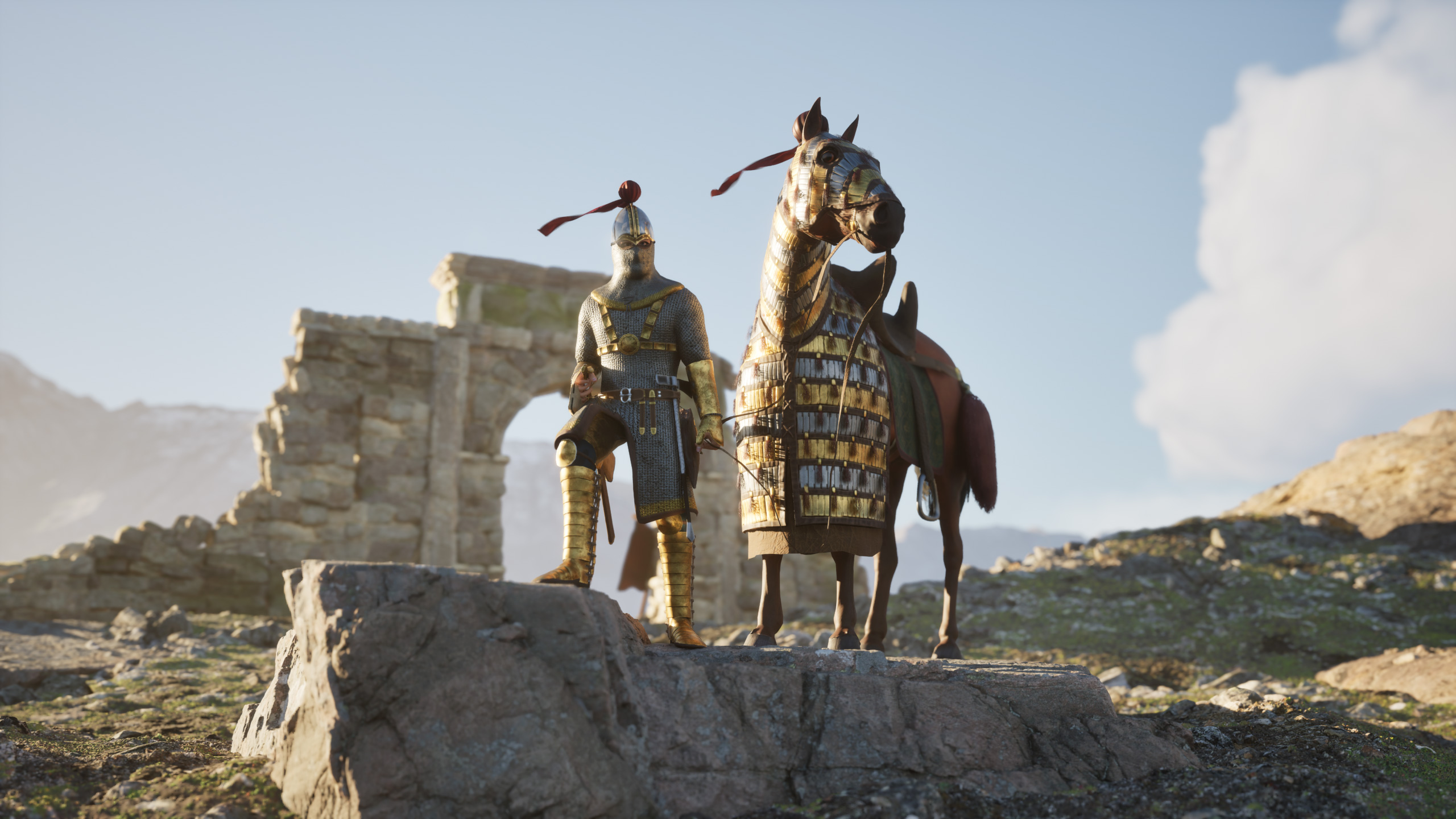 Image of an ancient Iranian cavalryman standing atop the mountain with his horse.