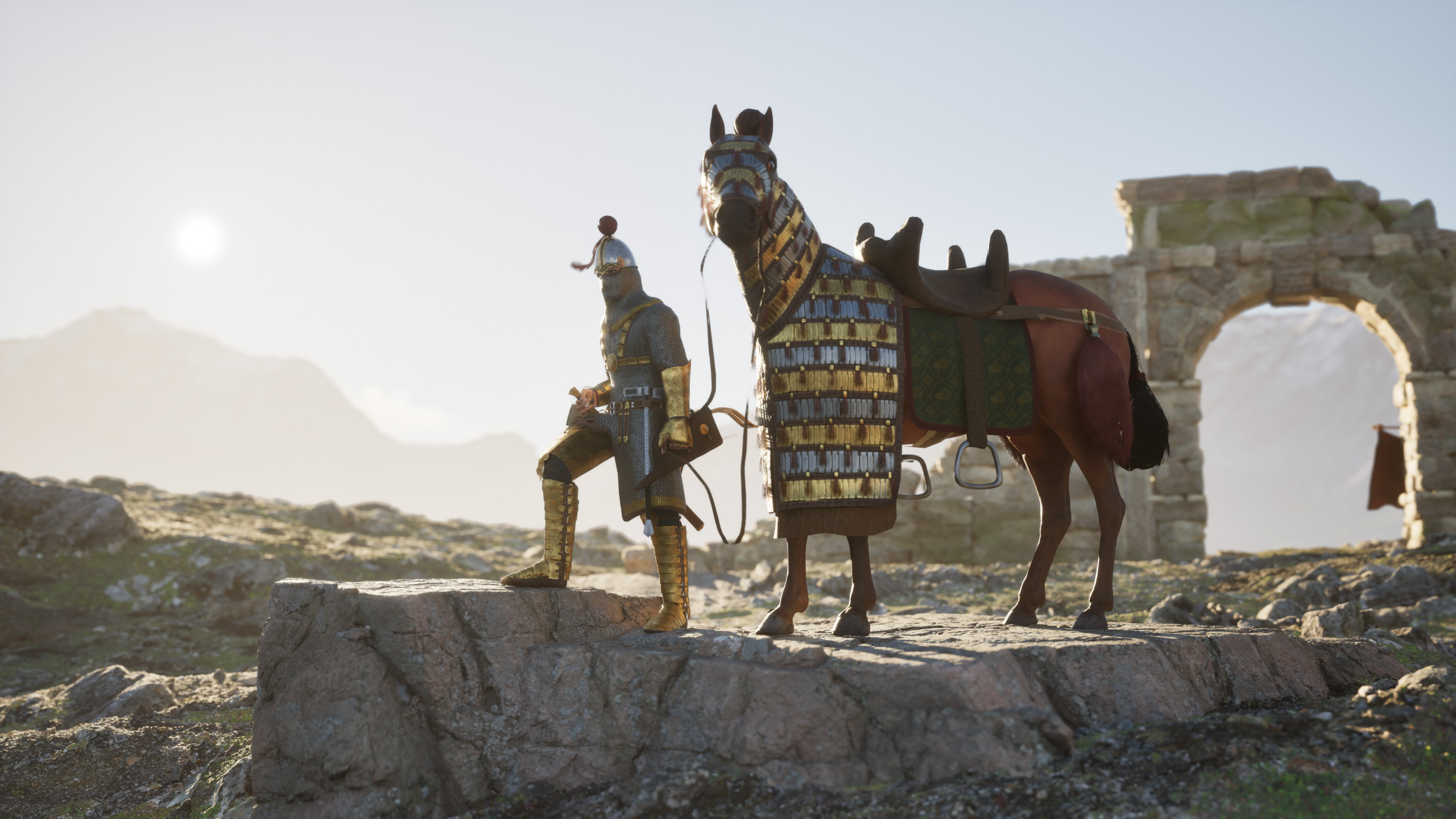 Image of an ancient Iranian cavalryman standing atop the mountain with his horse.