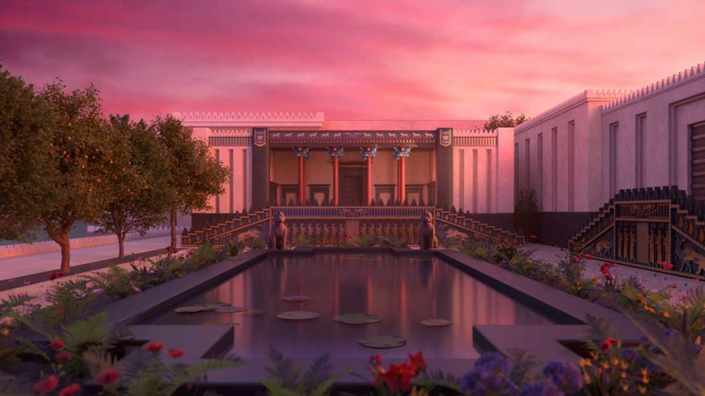 3D reconstruction of an ancient Iranian palace courtyard with Achaemenid columns, decorative reliefs, and a central water pool.