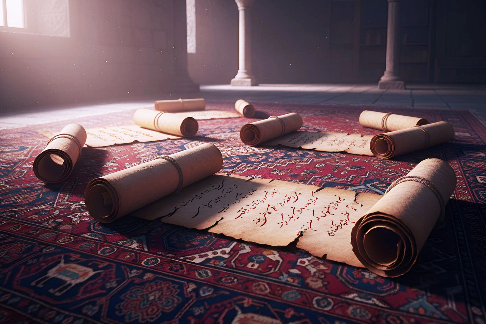 Ancient scrolls of aged parchment with Persian poetry written in script, scattered across a traditional patterned Iranian rug in a sunlit hall with columns.