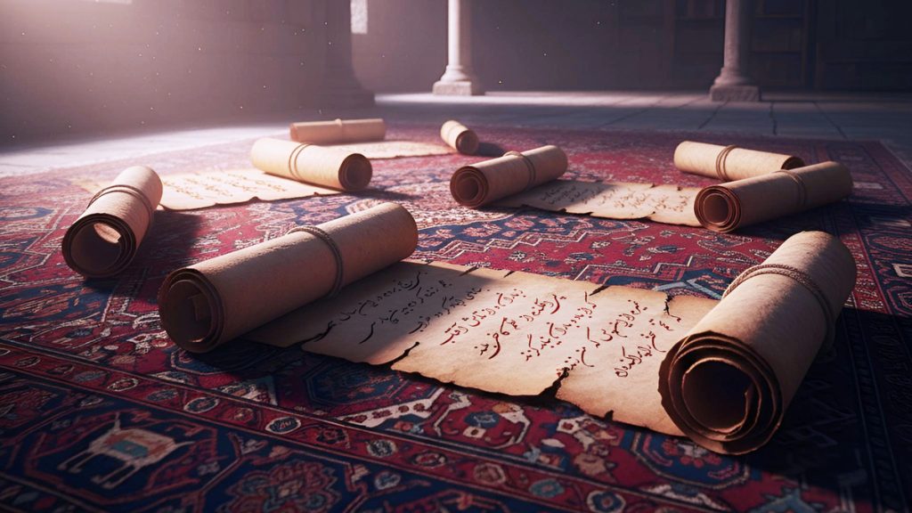 Ancient scrolls of aged parchment with Persian poetry written in script, scattered across a traditional patterned Iranian rug in a sunlit hall with columns.
