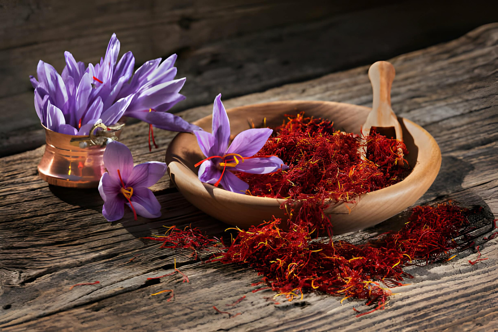 Iranian saffron threads spilling from a wooden bowl next to fresh, purple saffron crocus flowers, all resting on rustic wooden planks.