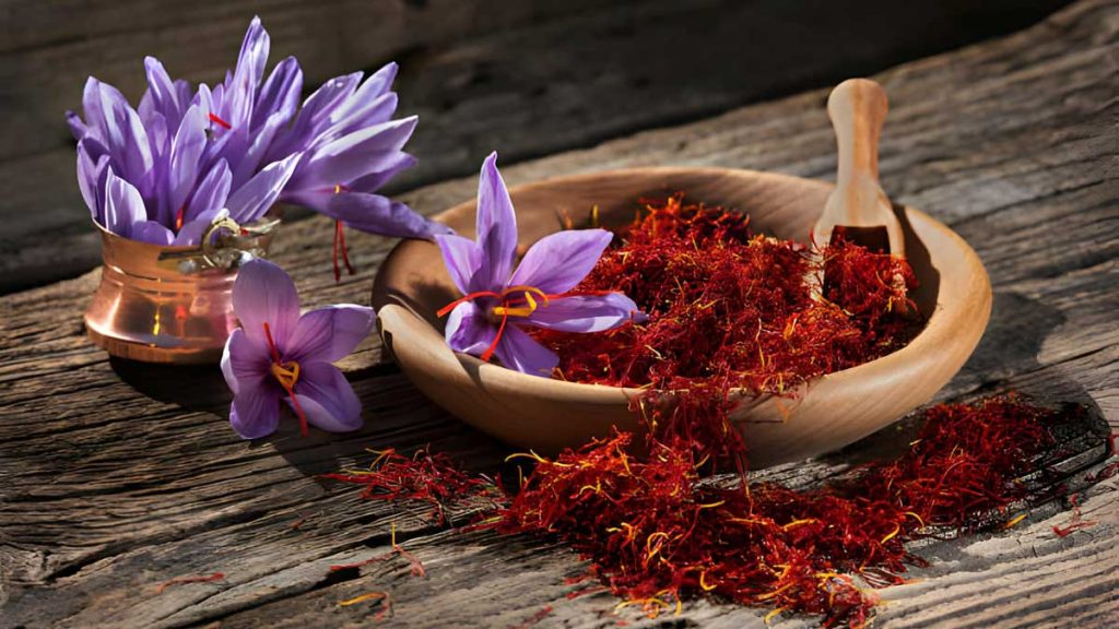 Iranian saffron threads spilling from a wooden bowl next to fresh, purple saffron crocus flowers, all resting on rustic wooden planks.