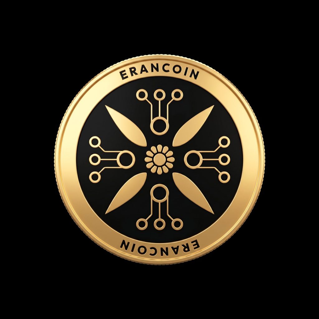 Golden EranCoin featuring Derafsh Kaviani integrated with blockchain-inspired circuitry.