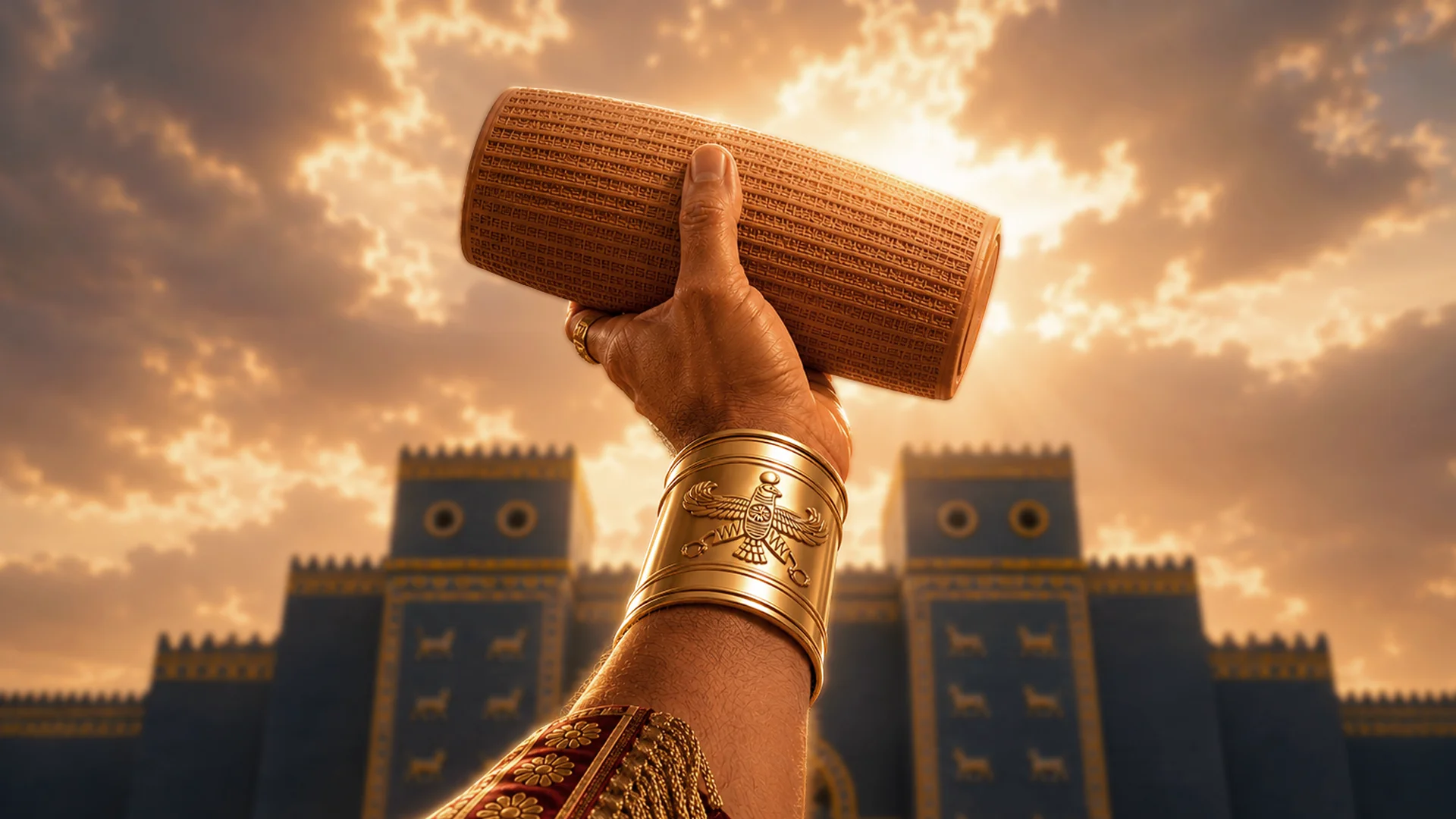 Cyrus the Great holding the Cyrus cylinder high in front of the Ishtar Gate of Babylon, wearing a golden bracelet with the Shahbaz symbol