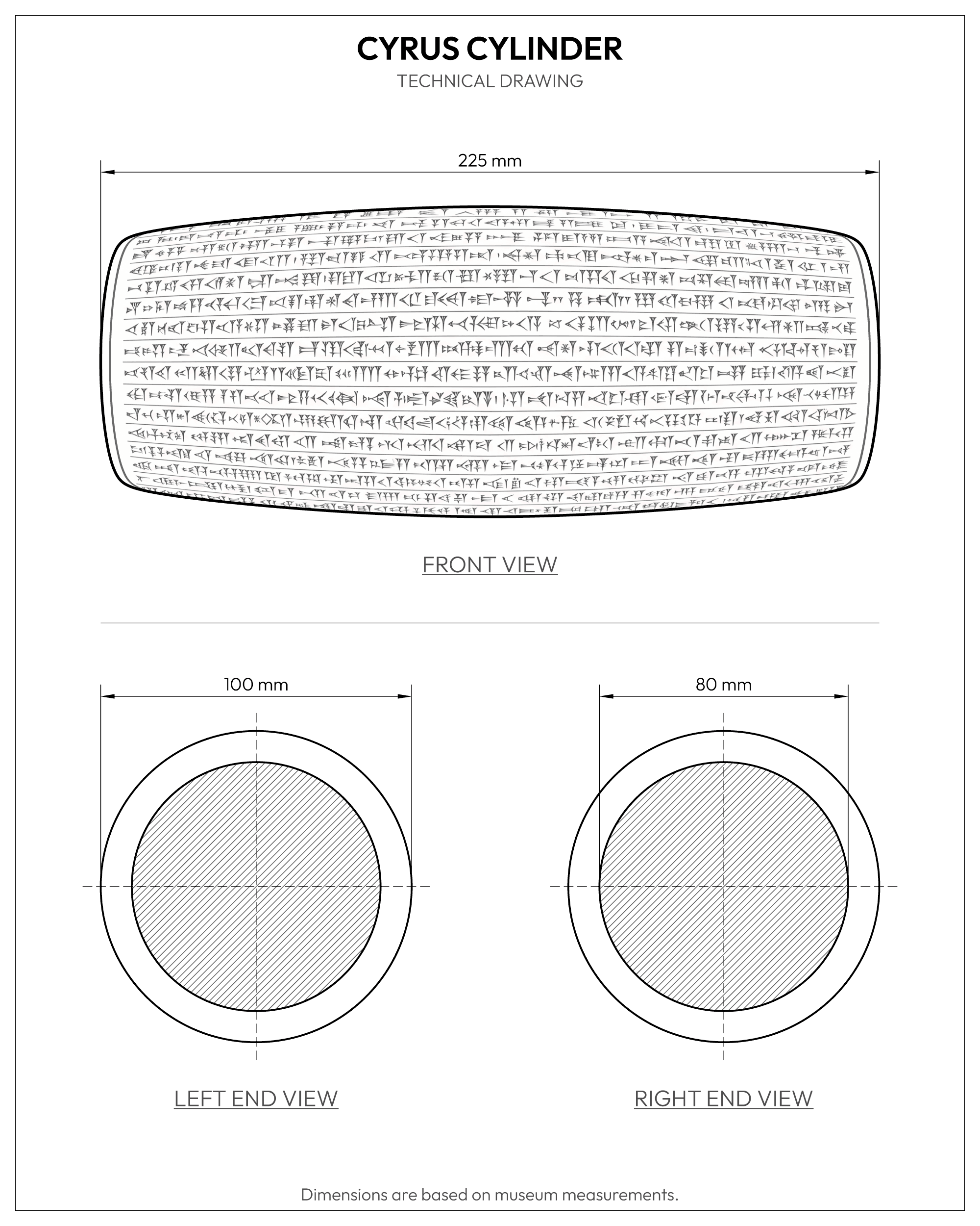 Cyrus Cylinder technical drawing showing a front view with length of 225 mm, plus left and right end views indicating 100 mm and 80 mm dimensions based on museum measurements