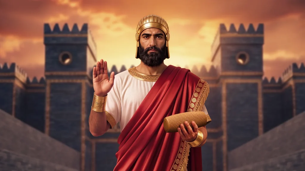 Cyrus the Great, Persian King, holding the Cyrus Cylinder in front of the blue Ishtar Gate of Babylon, wearing a golden crown, white tunic, and red royal cloak