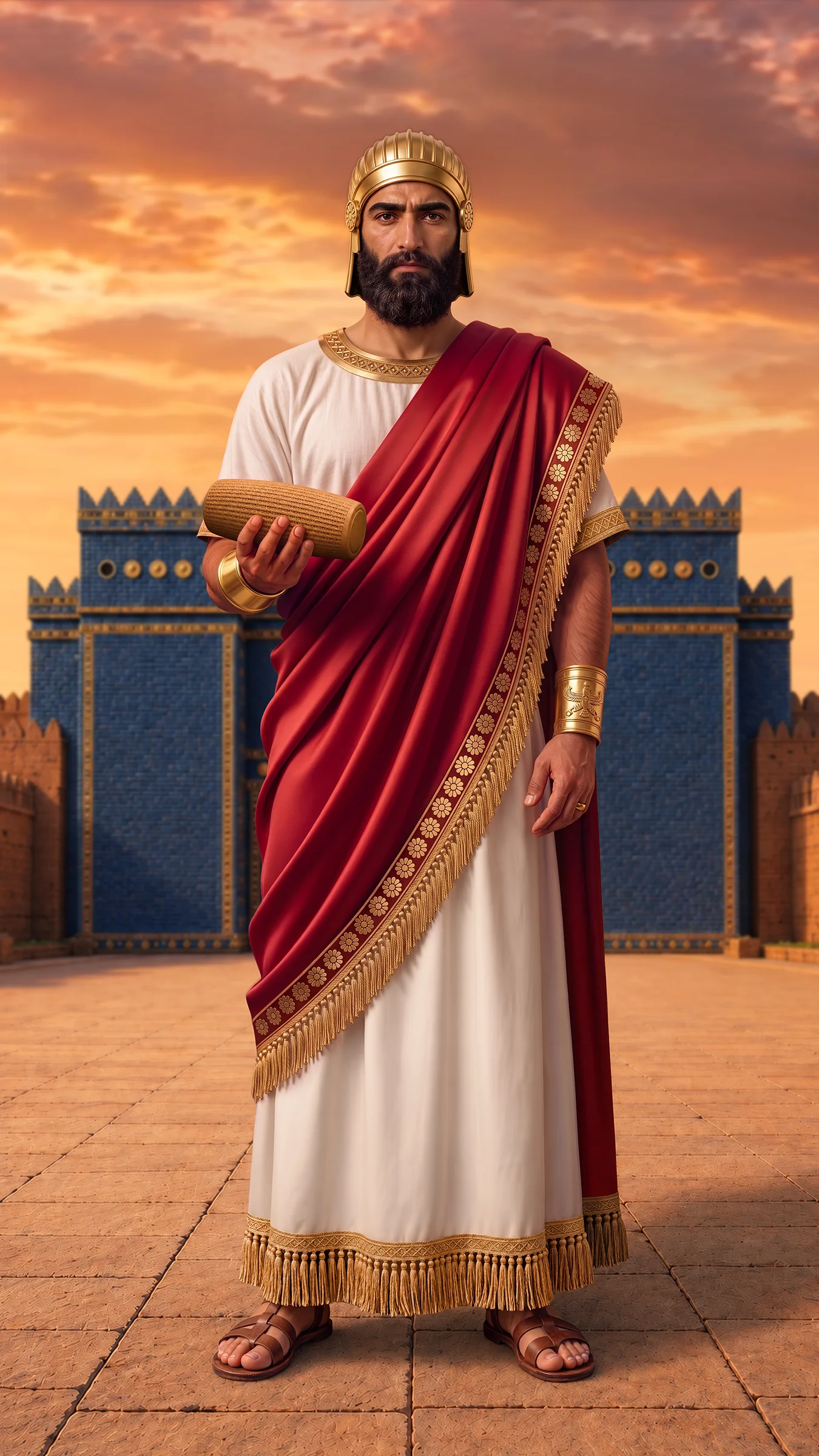 Cyrus the Great, the Persian King, in a full-body portrait holding the Cyrus Cylinder in front of the blue Ishtar Gate of Babylon, wearing a golden crown, white tunic, and red royal cloak.