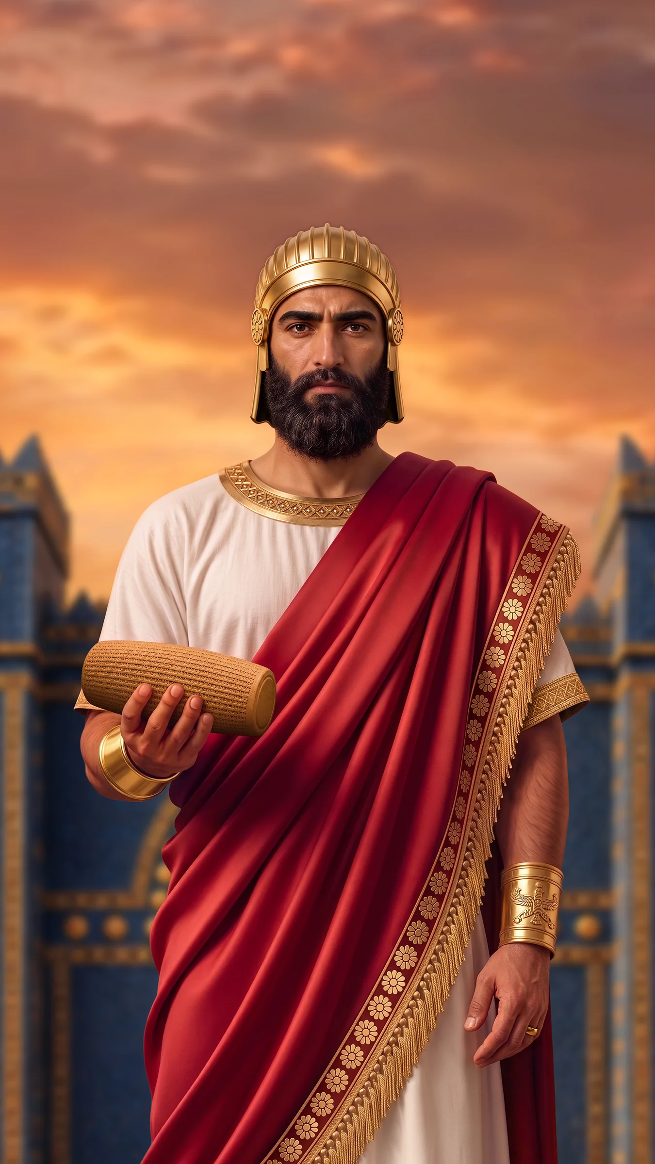 Cyrus the Great, the Persian King, in a half-body portrait holding the Cyrus Cylinder in front of the blue Ishtar Gate of Babylon, wearing a golden crown, white tunic, and red royal cloak.