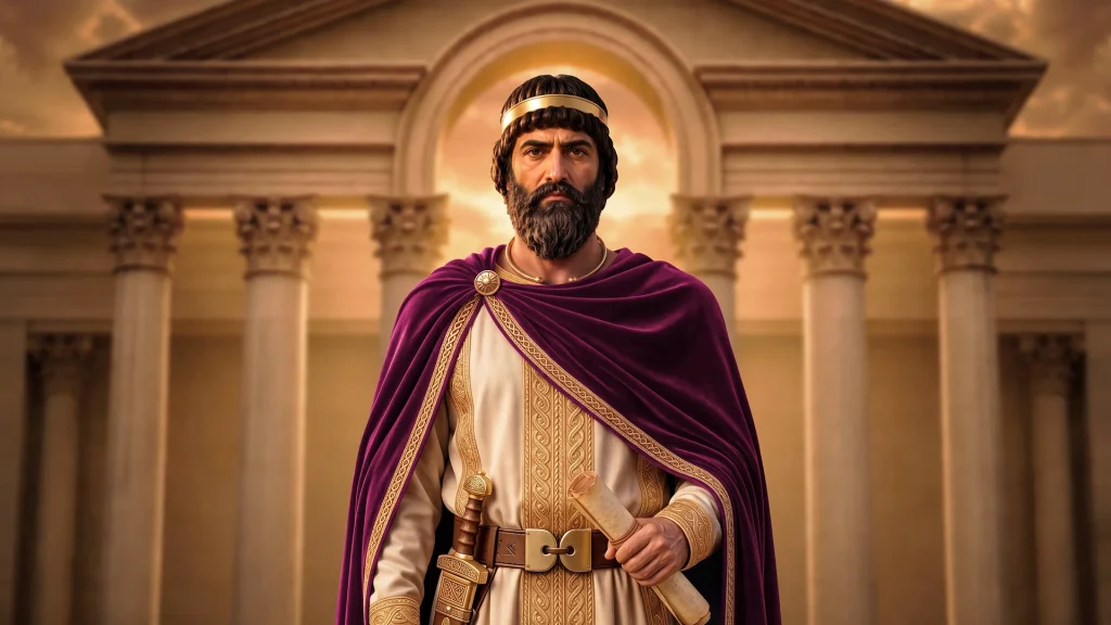 Mithridates I, Parthian King, holding a scroll in front of the ancient city of Seleucia, wearing a golden headband, a beige tunic with gold embroidery, and a deep purple royal cloak secured with a decorative brooch