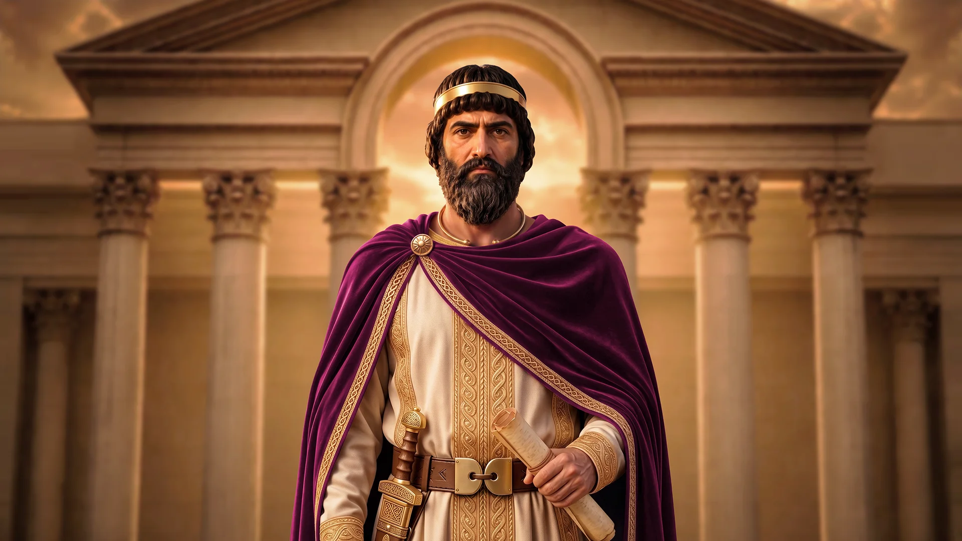 Mithridates I, Parthian King, holding a scroll in front of the ancient city of Seleucia, wearing a golden headband, a beige tunic with gold embroidery, and a deep purple royal cloak secured with a decorative brooch