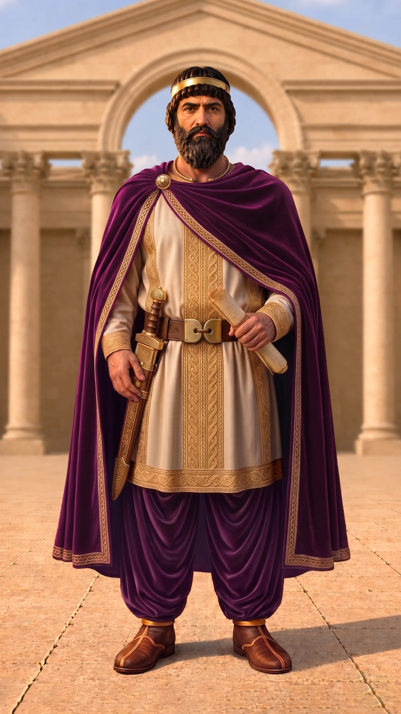 Mithridates I, Parthian King, in a full-body portrait holding a scroll in front of the ancient city of Seleucia, wearing a golden headband, a beige tunic with gold embroidery, deep purple royal cloak, and matching purple trousers with brown leather boots