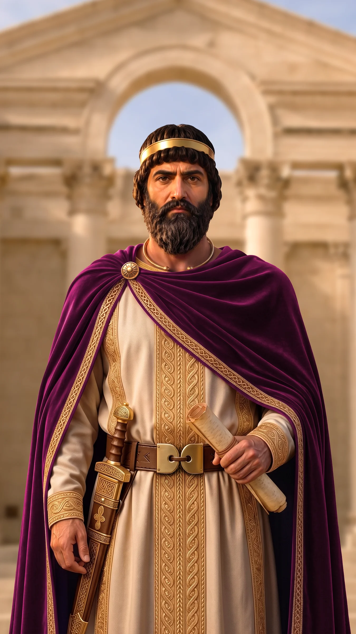 Mithridates I, Parthian King, in a half-body portrait holding a scroll in front of the ancient city of Seleucia, wearing a golden headband, a beige tunic with gold embroidery, and a deep purple royal cloak secured with a decorative brooch, with a sheathed sword at his waist